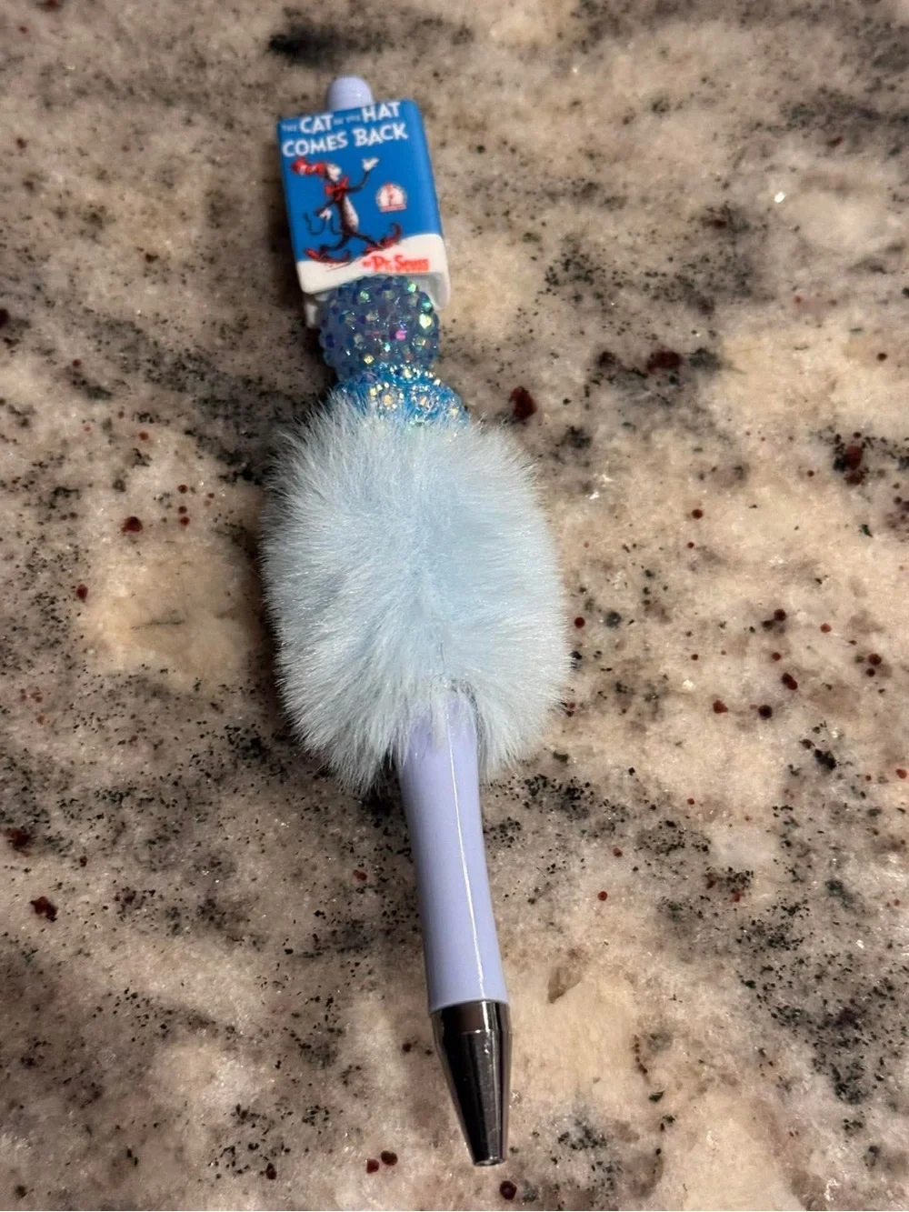Dr. Seuss Light Blue Fluffy Pom Pom Pen with Sparkle Beads